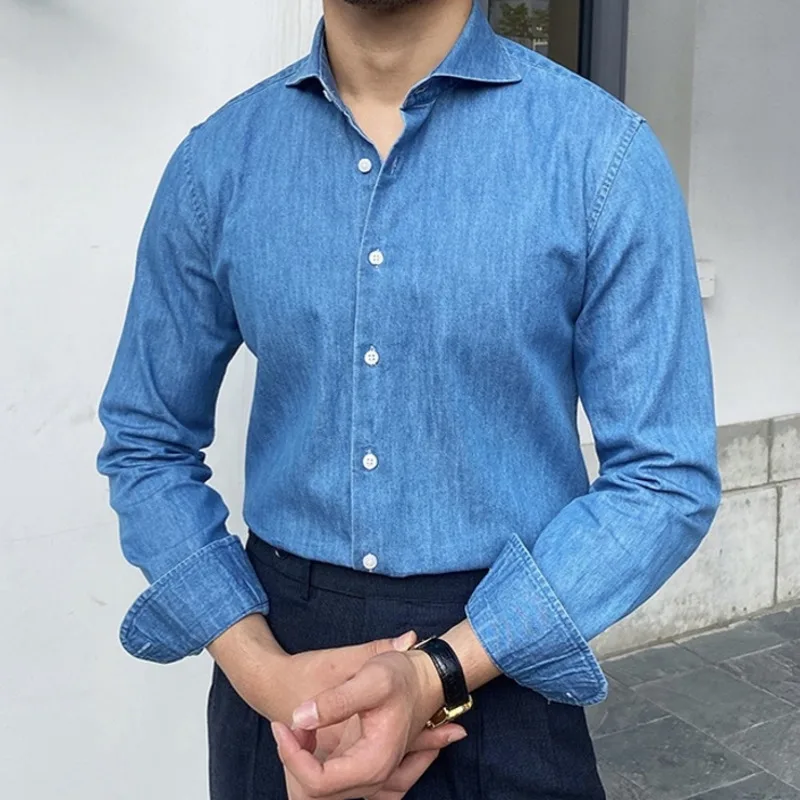 2022 Men Business Washed Shirt Long Sleeve High Quality Hairstylist Shirts Men Office Tuxedo Blue Shirt Social Herren Hemd