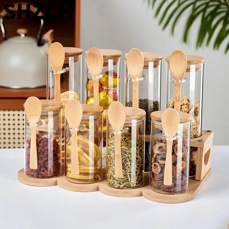 8Pc Bottle + 1 Set of Glass Storage Container Set with Storage Rack, Glass Jar with Bamboo Lid, Kitchen Spice Jar for Home