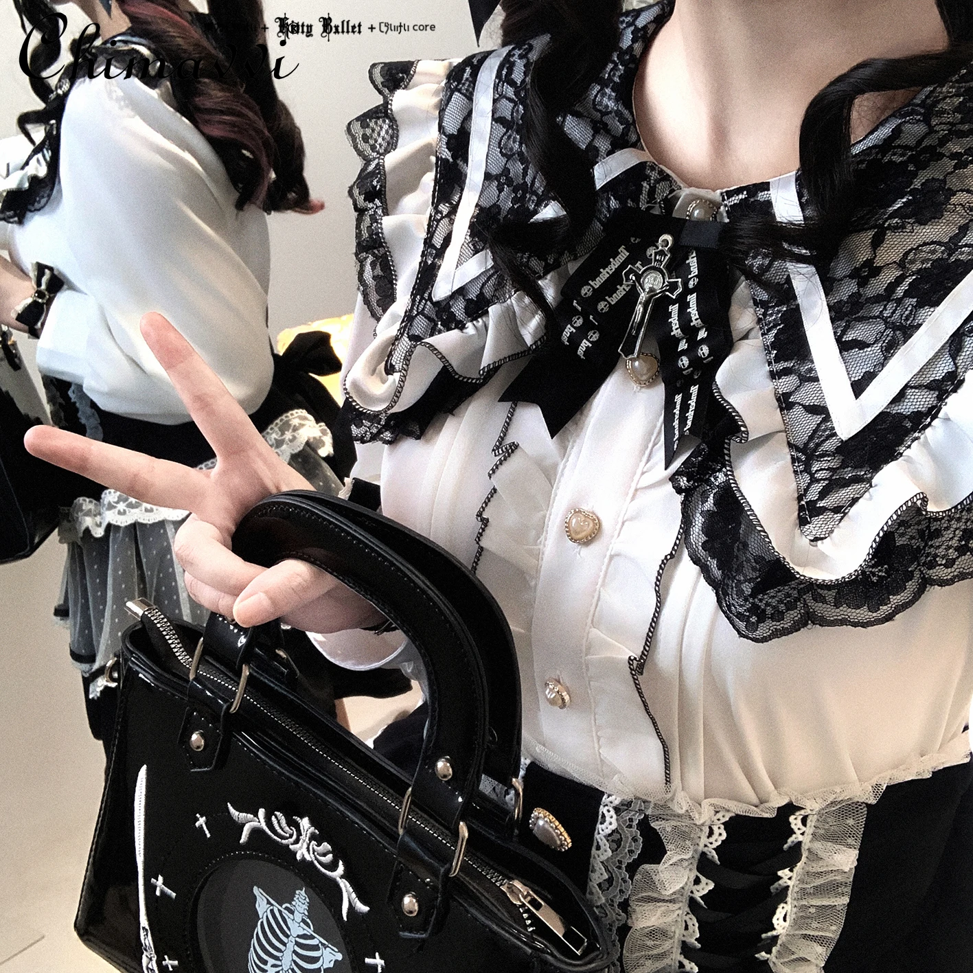 

Original Japanese Style Mine Series Sweet Strap Off-Shoulder Chiffon Ruffle Long Sleeve Top Autumn New Cute Girl Lolita Blouse