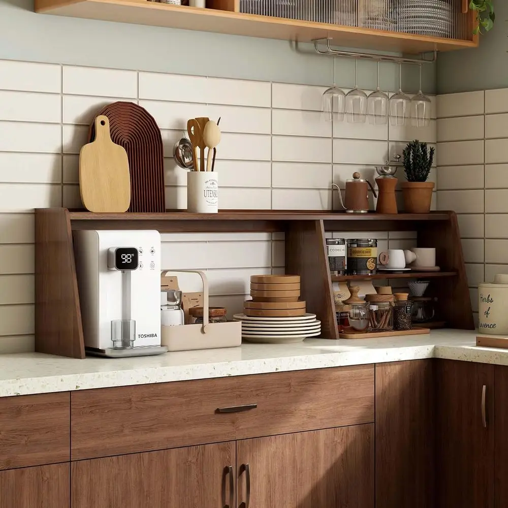

100% Solid Rubberwood Kitchen Counter Hutch, Fully Assembled Storage Rack, Trapezoid Structure for Kitchen & Dining Room