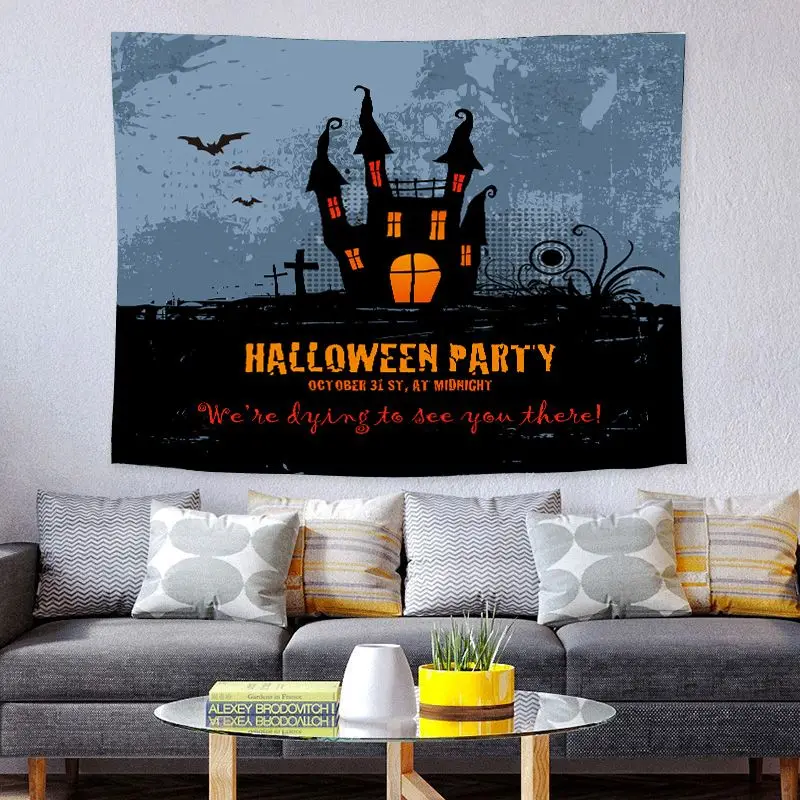 VIKAMA Halloween Wall Tapestry Haunted House Castle Bat Tombstone Backdrop Polyester Wall Hanging Horror Bedroom Dorm Home Decor