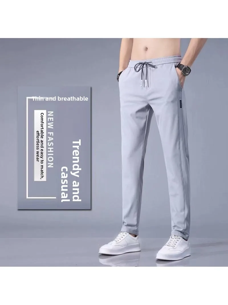 

Новые летние тонкие повседневные брюки для мужчин, тонкие прямые брюки из ледяного шелка, рабочая одежда, дышащая, удобная, из полиэстера, молодежная активная одежда
