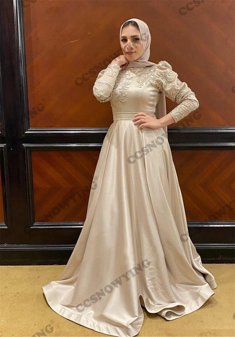 

Champagne Satin Appliques Hijab Muslim Evening Dresses Long Sleeve Islamic Formal Party Gown Women Arabic Robe De Soiree