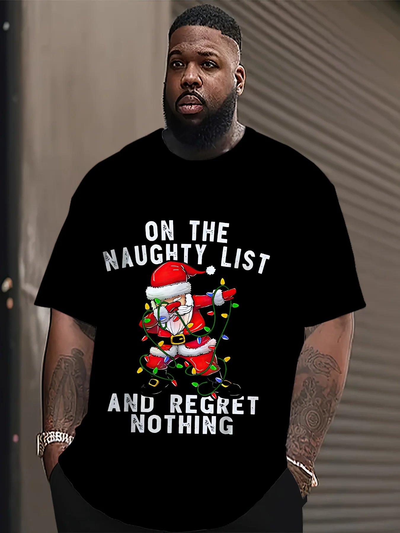

Men's Plus Size "On The Naughty List Regret Nothing" Santa Tee, White Regular Fit SS, Machine Washable, All-Season Festive Wear