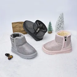 Winter New Bright Side Zipper Children Snow Boots Rubber Soft Bottom Warm Low Top Baby Cotton Shoes 방한화 Сапоги מגפיים ブーツ 스노우부츠