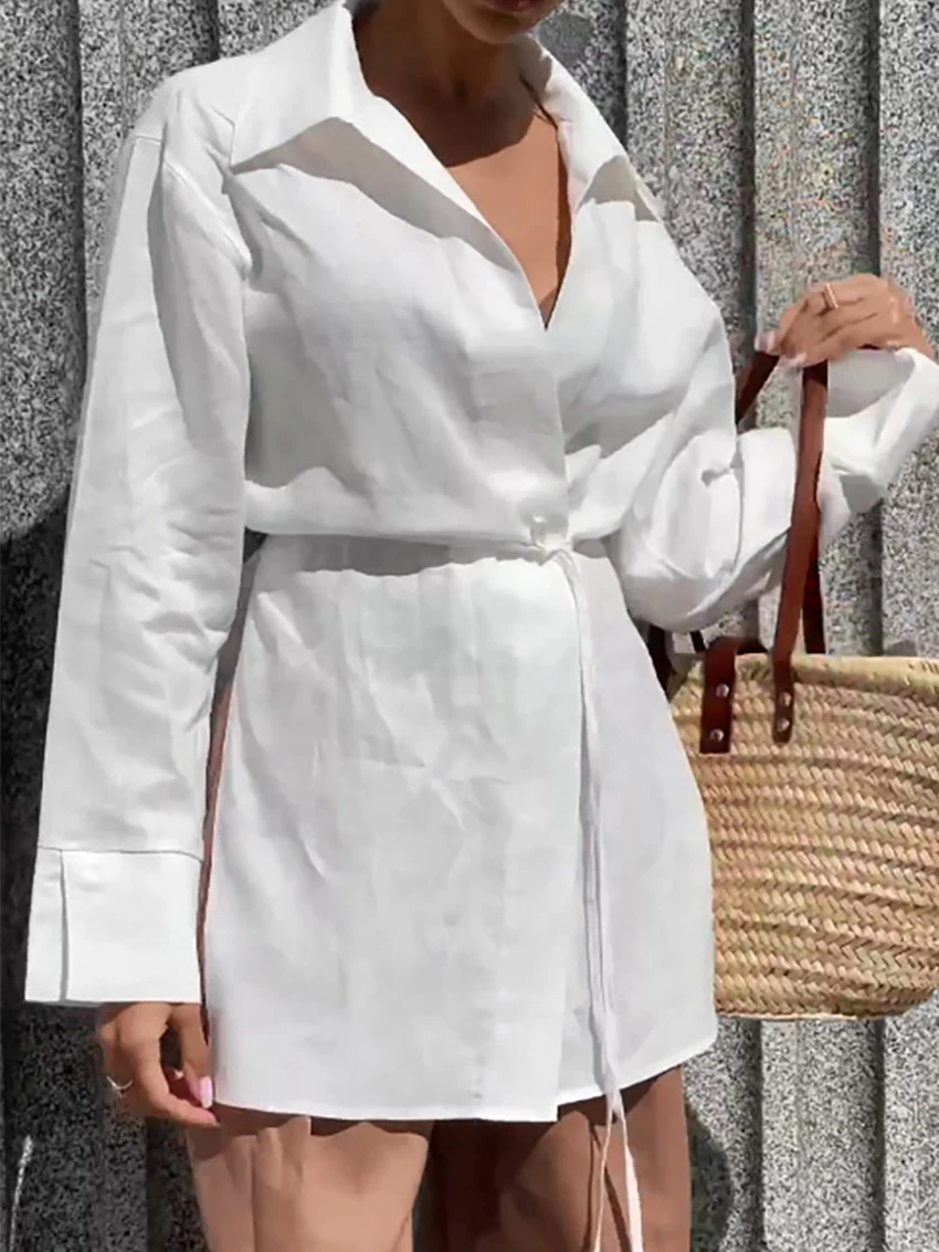 

WXOY Women Blouse Cotton Shirt Waist Lacing Casual Long Sleeve Loose Fit Elegant Lady Top Shirt Dress