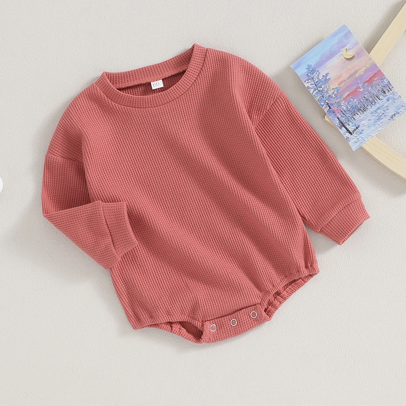 

Baby Girl Boy Clothes Bubble Romper Waffle Knit Sweater Bodysuit Solid Color Crewneck Sweatshirt Long Sleeve