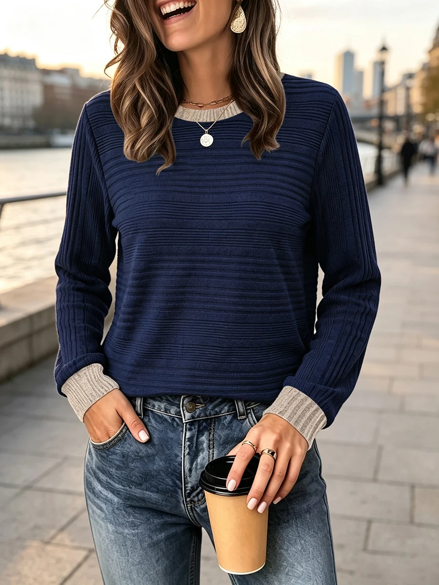 Womens Long Sleeve Loose Pullover Sweater For Crew Neck Color Block Design for Vacation Holiday Beach and Yoga