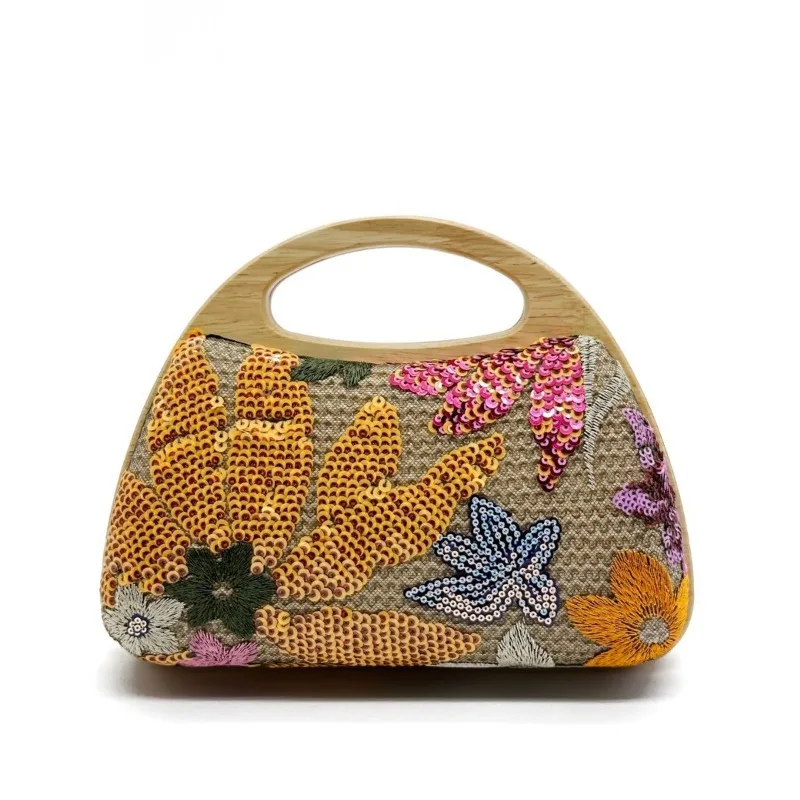 

Luxury Handbags for Women 2024 New Wooden Handle Sequined Evening Bags Vintage Embroidery Straw Woven Fashionable Bolsa Feminina