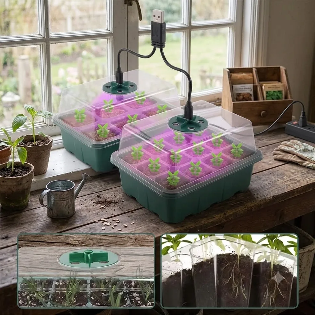 With LED Grow Light 6 12 13 Cell Seed Starter Tray Box Adjustable Ventilation Humidity Nursery Pot Seedling Germination Planter