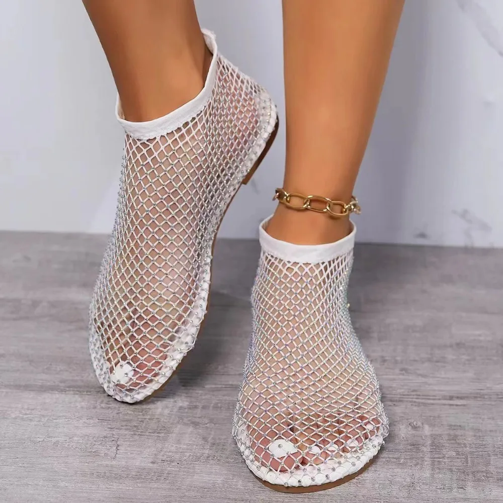 Fashion Holiday Rhinestone Sandal Slipper Non-Slip Flat Shoes Mesh Seaside Sandals Waterproof Shiny Sexy Ankle Boot Summer