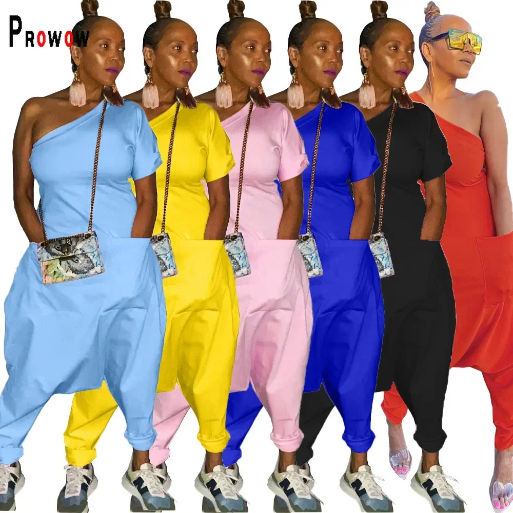 Prowow Casual Loose Style Women Jumpsuits One Shoulder Solid Color Female Romper Clothing 2024 New Design Outfits with Pockets