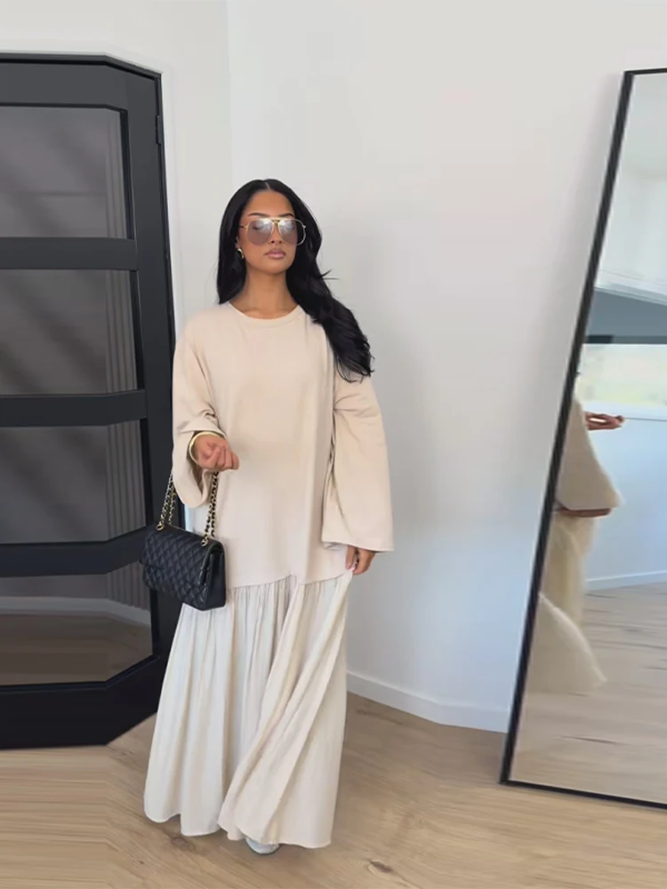 Vestido maxi oversize con mangas acampanadas, cuello redondo, diseño escalonado, corte holgado, casual de primavera, largo y fluido, para verano 2026, versátil, de color liso.