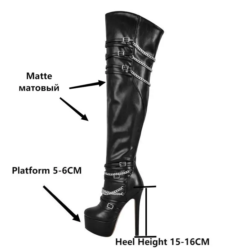 Onlymaker Women Over The Knee Boots Thin High Heel Lady Black  Metal Chain Decoration Zipper Female Winter Platform Boots