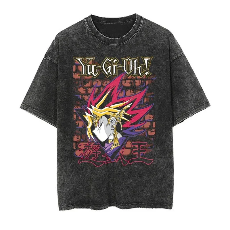 Men's Washed T-shirt Hip Hop Street Clothing Japanese Cartoon Anime Yu Gi Oh Graphic Retro T-shirt Harajuku Short Sleeve T-shirt