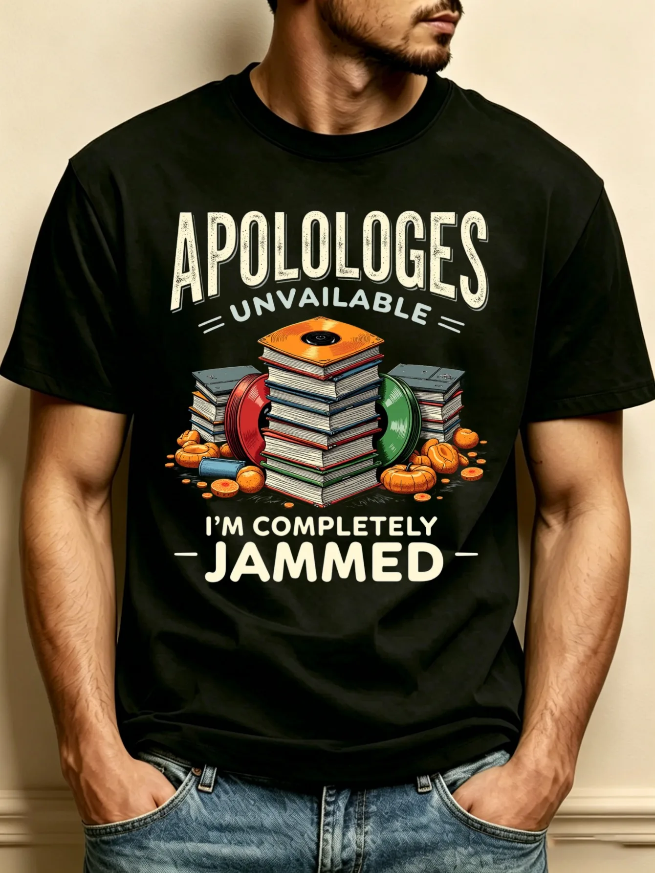 Retro Style Apologies Unavailable I'M Completely Stuck! Pattern Men's Crew Neck T-Shirt Loose Fit Fashionable and Versatile Soft and Comfortable Fabric Suitable for Daily Wear and Holiday Gifts Book Vinyl Record Pumpkin Autumn Theme Autumn Season Unisex