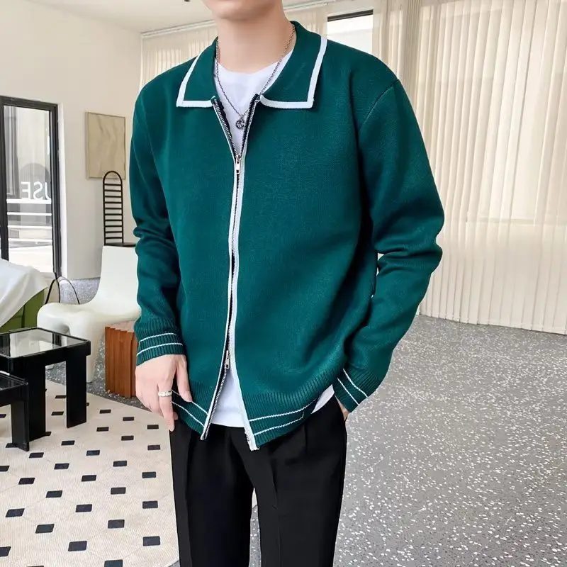 2023 New Autumn and Winter Light Mature Wind Contrast Color Korean Edition Double Zipper Casual Loose Men's Knitted Sweater