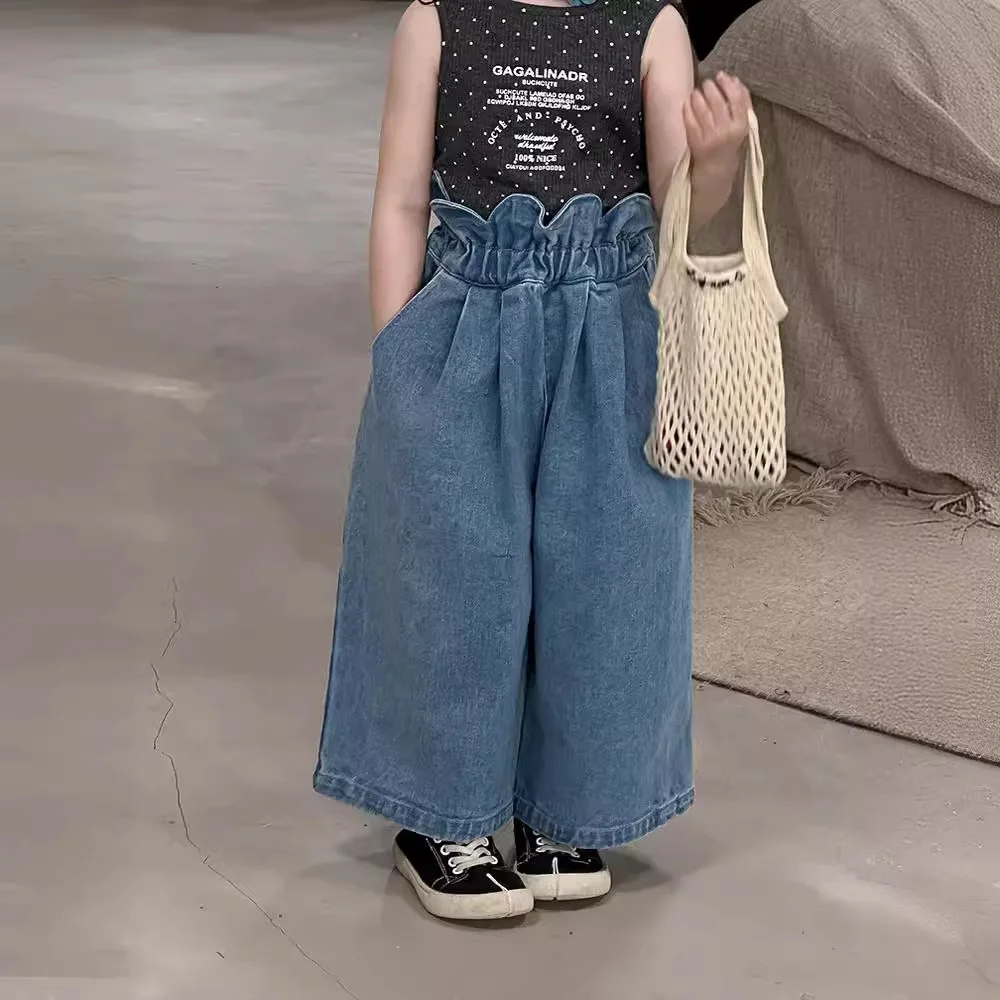 Girls Pants Childrens Lotus Waist Jeans 2024 Summer New Korean Style Girls Lace Denim Straight Wide Leg Pants Simple Cute