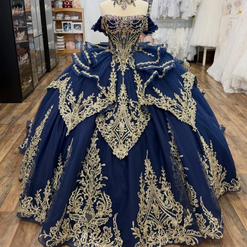 

Blue Quinceanera Dresses Off the Shoulder Crystal Golden Glitter Decal Layering Long tail Bow Vestidoe 15 Quinceanera Customize