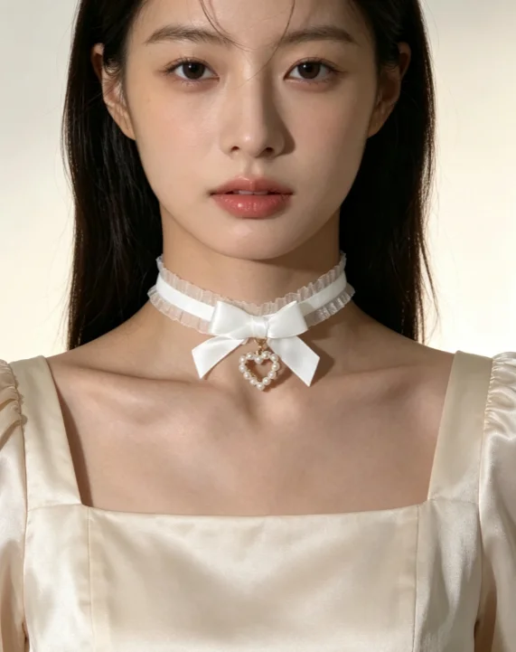White Ruffled Tulle Ribbon Choker with Big Satin Bow Pendant, Hollow Heart Shaped Pearl Wreath Charm, Sweet Coquette Lolita Elegant Neck Jewelry for Women