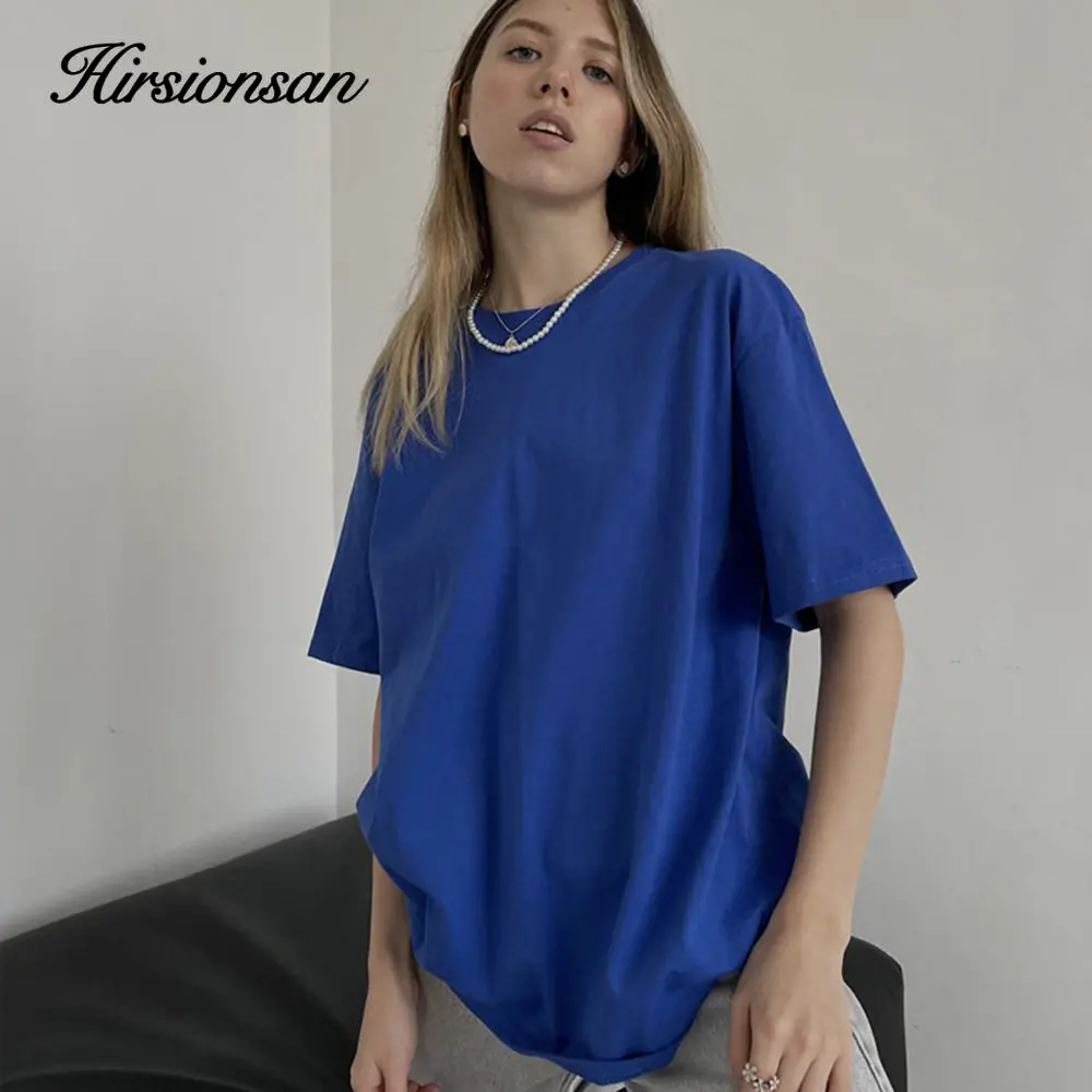 Hirsionsan 100% Cotton T Shirt Women 2023 Summer New Oversized Solid Tees Casual Basic Loose Tshirt Chic O Neck Female Tops