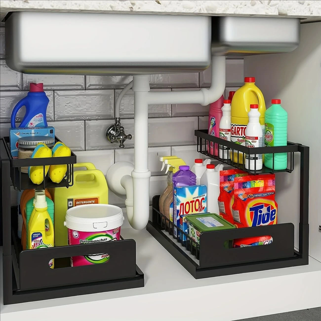 

2-layer multifunctional sliding kitchen storage and storage, multifunctional shelf, pull-out under sink cabinet organizer