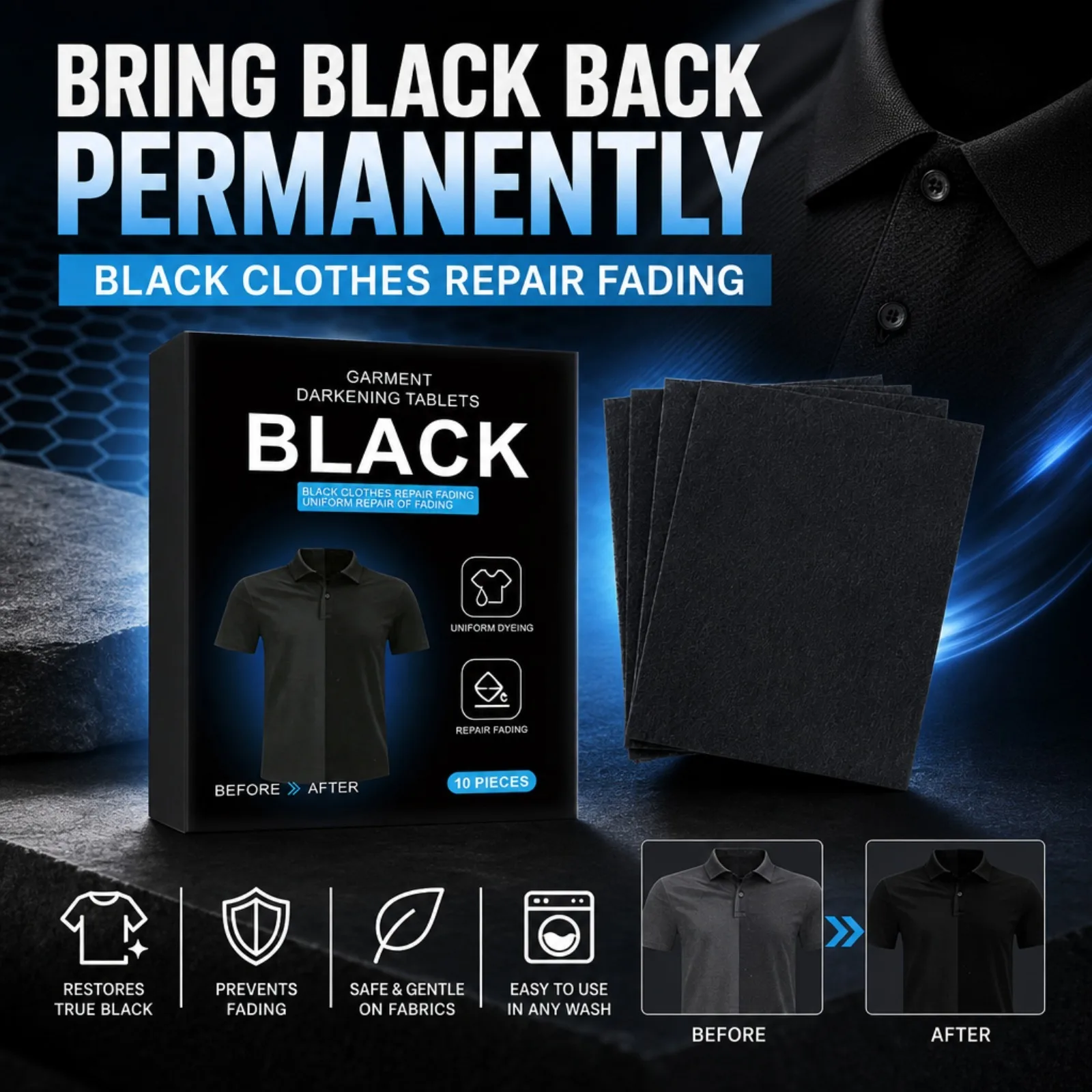 Laundry Black Color Clothes Darkening Sheets for Dark Fabric Care Restorer Sheets Fading Black Clothes, Supplementing Color
