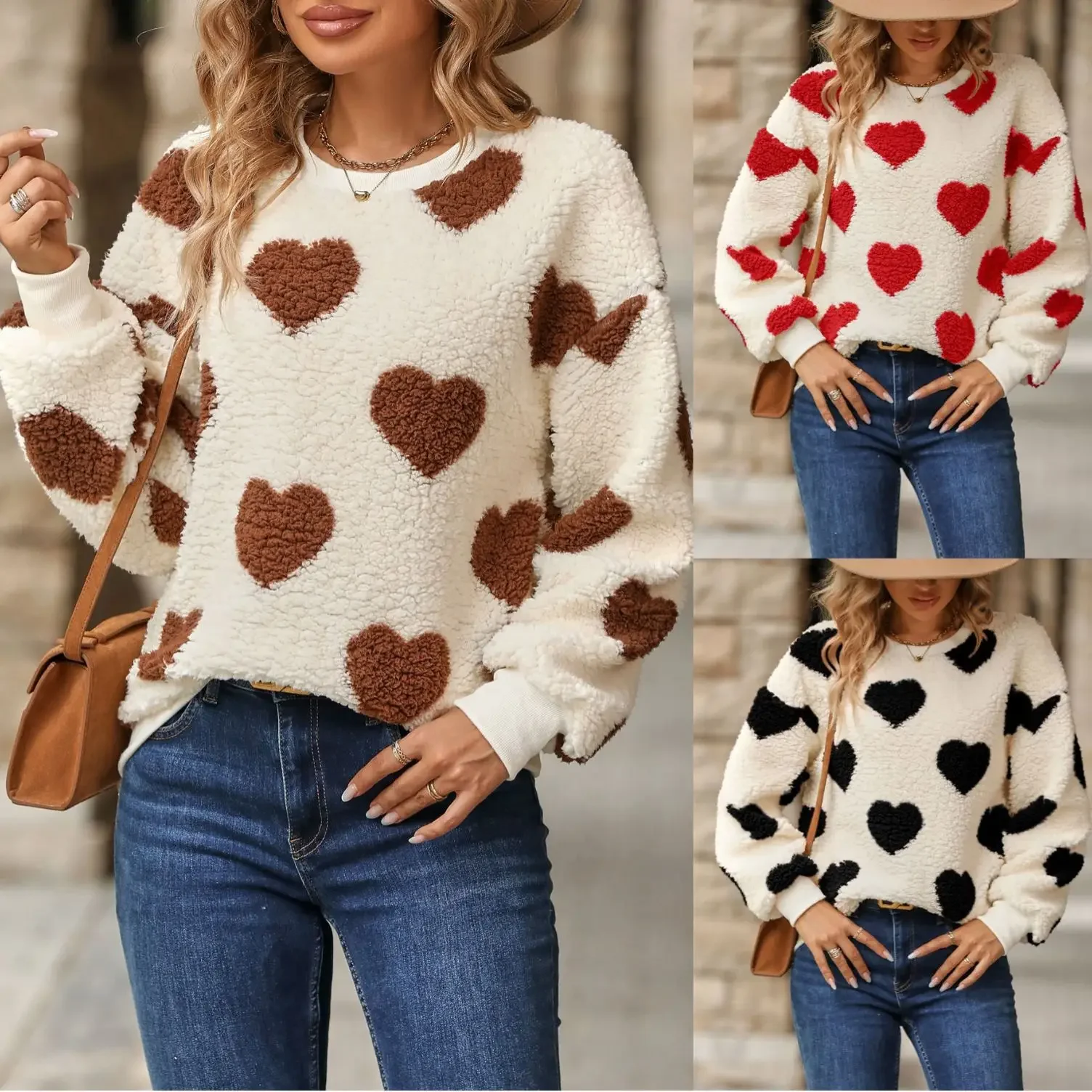 Flash velvet 2024 autumn and winter new plush love print loose long-sleeved round neck pullover sweater