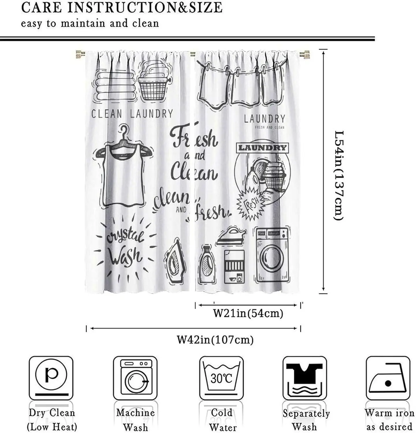 Black White Sketch Laundry Blackout Curtain 2 Panels Clean Wash Clothing Print Window Drape Practical Household Laundry Space