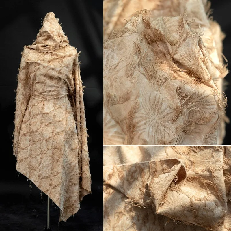 Tie-dyed brown hand-cut flower fabric dark cotton and linen tassel plant-dyed with washed Chinese-style