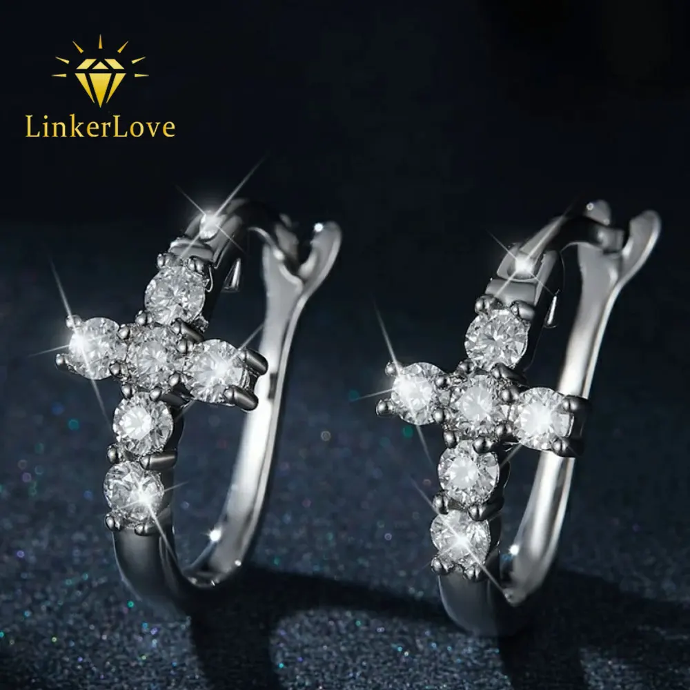 LinkerLove Moissanite Cross Earrings for Women 925 Sterling Silver Huggie Hoop Earrings Religious Dainty Jewelry Christmas Gift