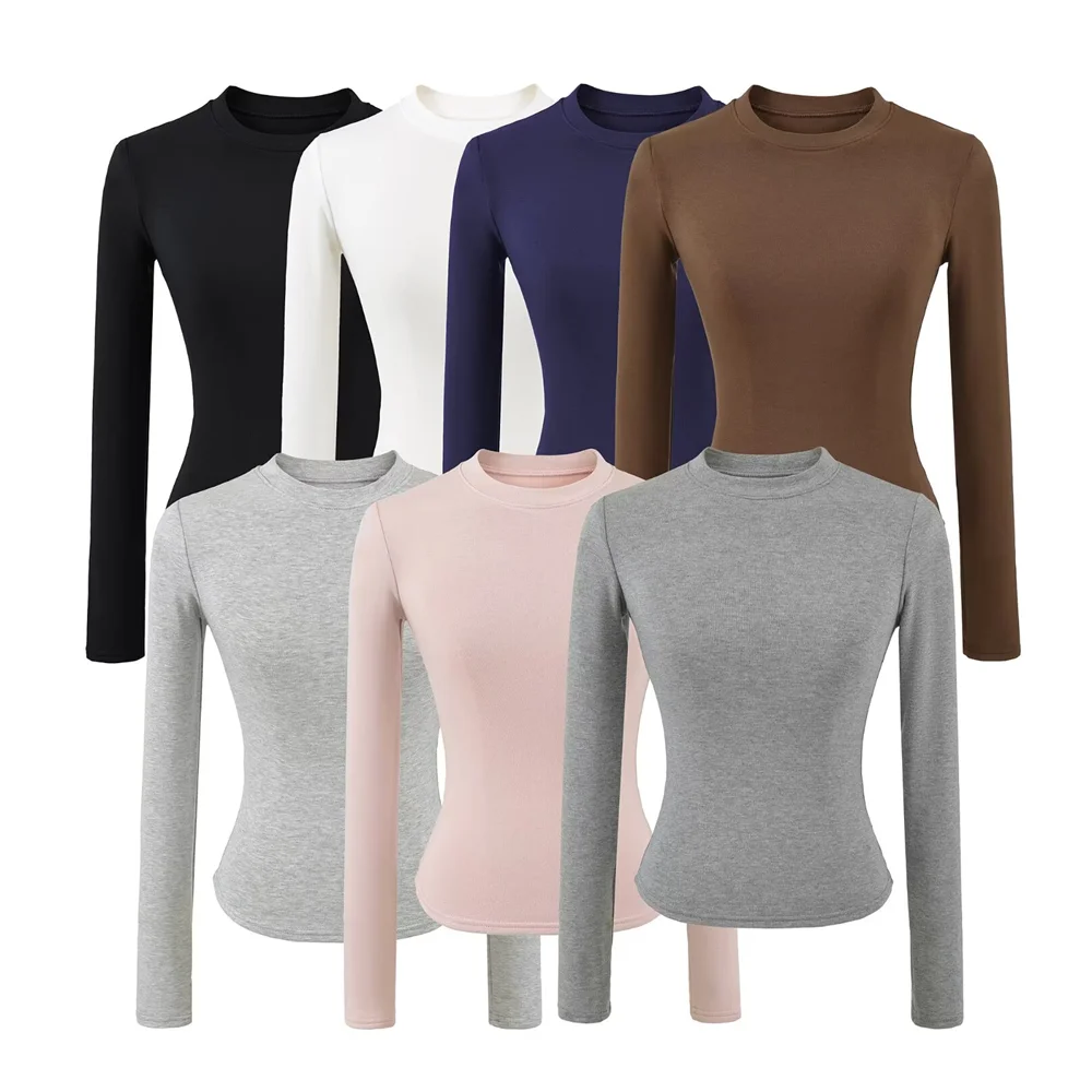 Nuevo invierno cálido forro polar cuello redondo camiseta mujer flaco elástico manga larga Base camisetas Yoga Crop blusas mujer Tops blanco