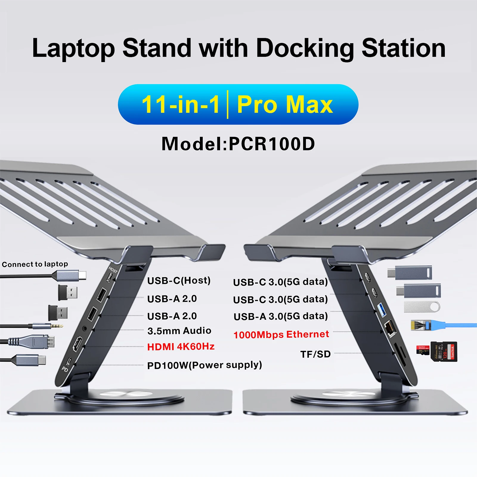 Laptop Docking Station Stand Laptop Stand with USB Hub for Macbook/HP/Dell/Lenovo USB 3.0 HDMI Ethernet PD 100W Audio Jack TF/SD