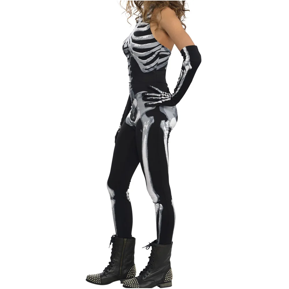 Skelett-Knochen Damen Ärmelloser Jumpsuit mit Skelett-Langhandschuhen Kleid für Party Cosplay Bühnenauftritt Bodysuit Kostüm – Detail 5