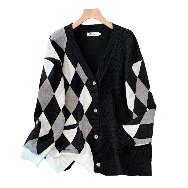 160Kg Plus Size Women\'s Bust 160 Autumn Loose Cardigan V-Neck Sweater Knitted Diamond Plaid Coat Black 6XL 7XL 8XL 9XL10XL