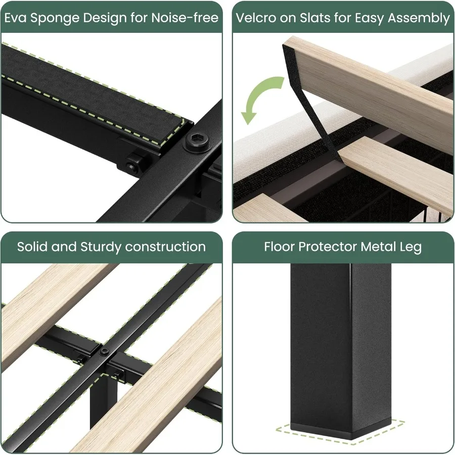 โครงเตียงควีนไซส์พร้อมลิ้นชักเก็บของ 4 ช่องและหัวเตียงแบบมีปีกหุ้มผ้าลินิน โครงเตียงแบบมีฐานรองพร้อมแผ่นไม้ระแนง ประกอบง่าย