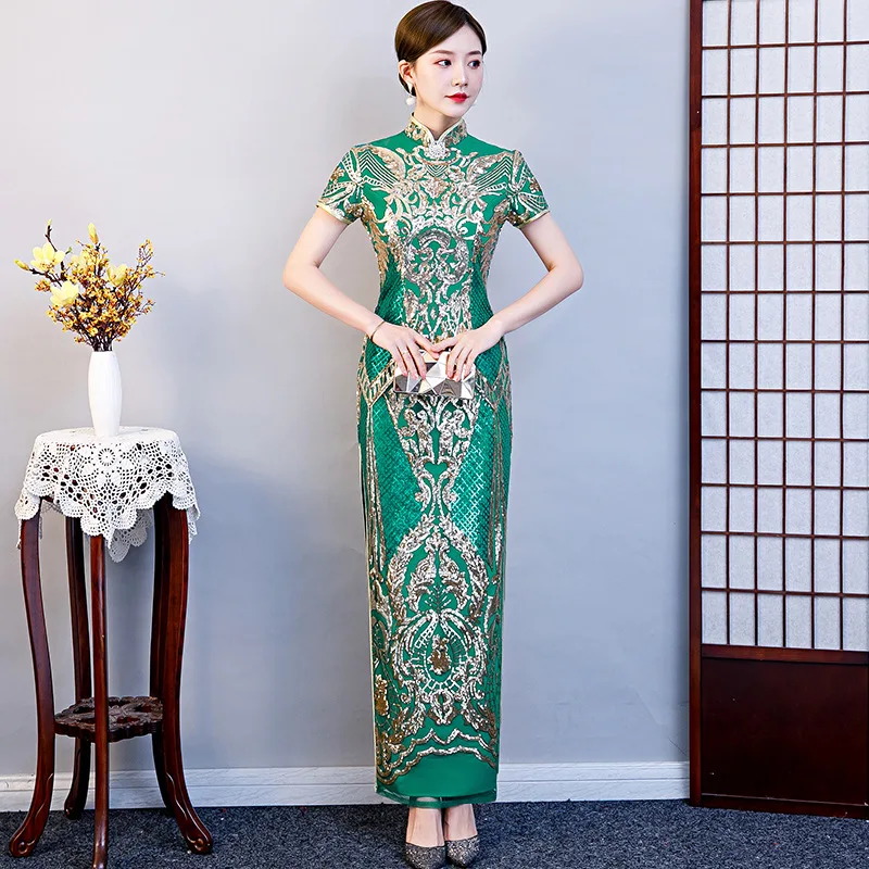 

Green Luxury Gorgeous Long Fork Sequin Cheongsam Stage Show Dance Dress Elegant Sexy Slim Bodycon Qipao Fashion Gown Novelty