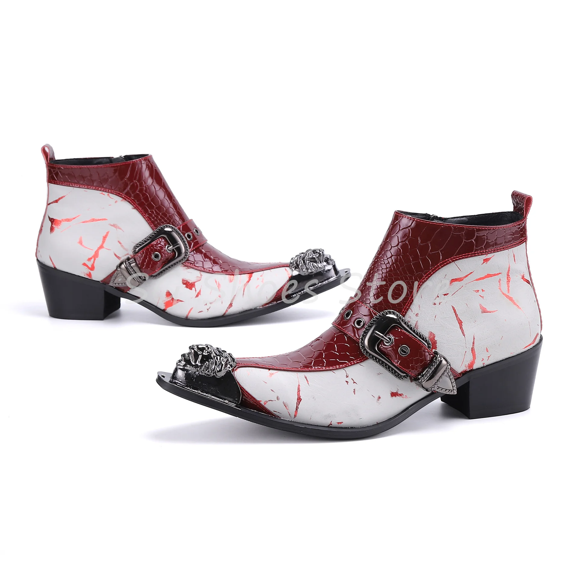 Fashion High Heel Western Cowboy Boots for Men Metal Pointed Toe Belt Buckle Rivet Chelsea Boots Mixed Color Male Leisure Shoes