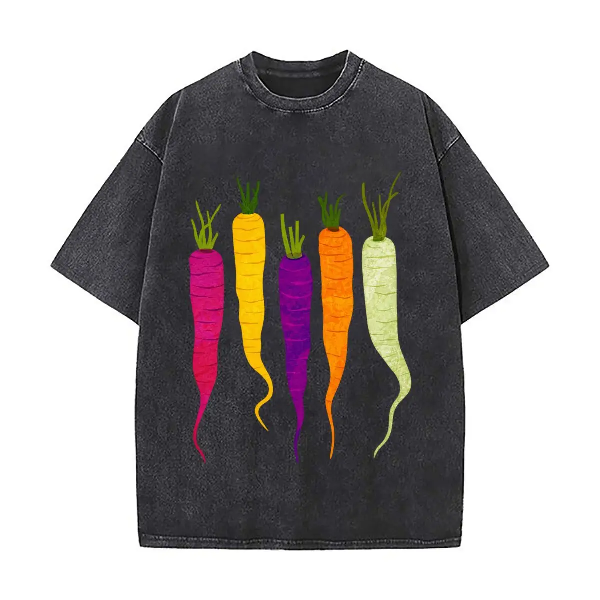 Watercolor Rainbow Carrot Bunch Vegetable Garden Art Washed Short Sleeve Loose Streetwear Tee Hip Hop