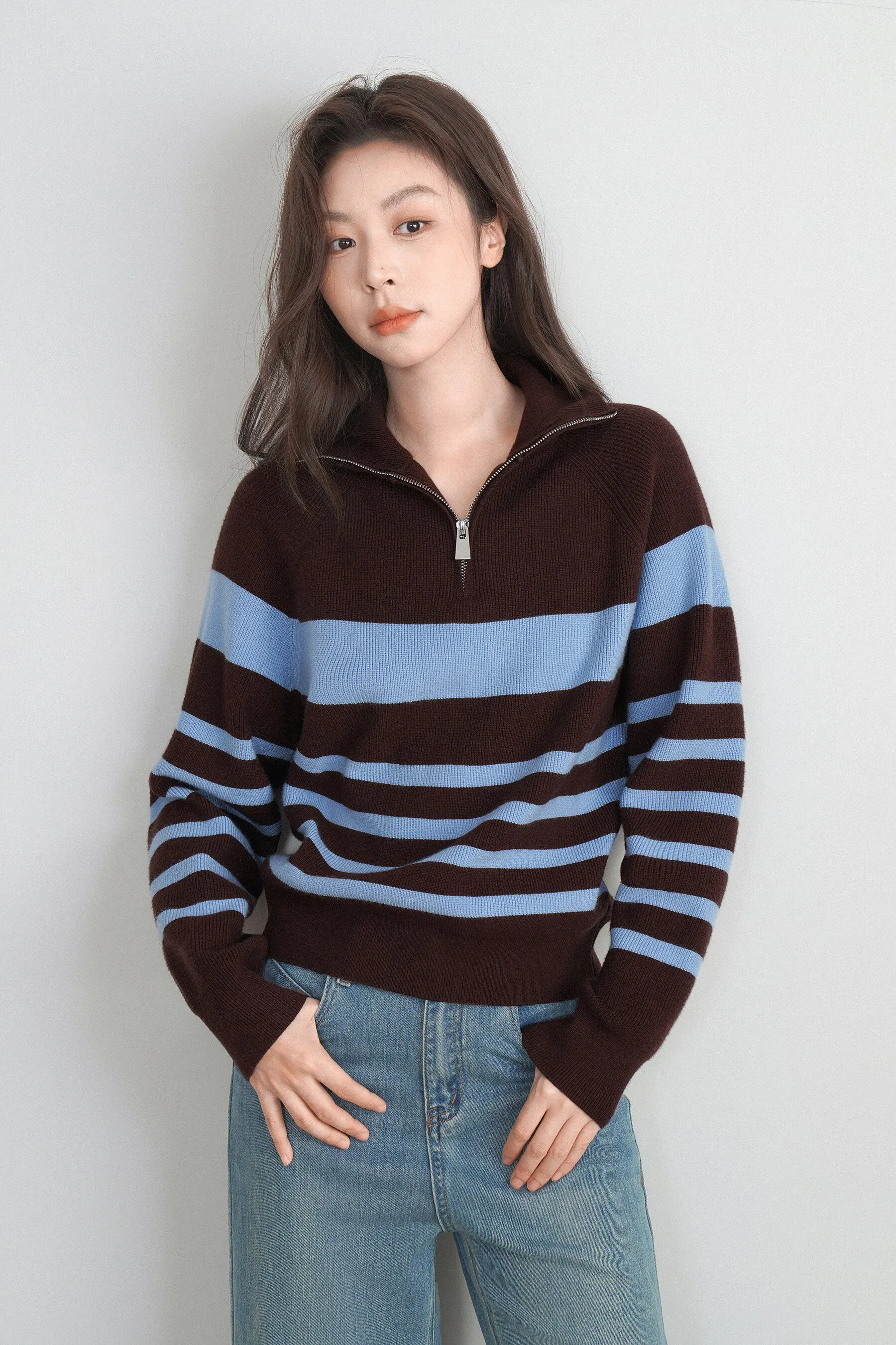 Striped cashmere sweater women's autumn semi-zipper lapel long-sleeved top lazy high-grade sweater