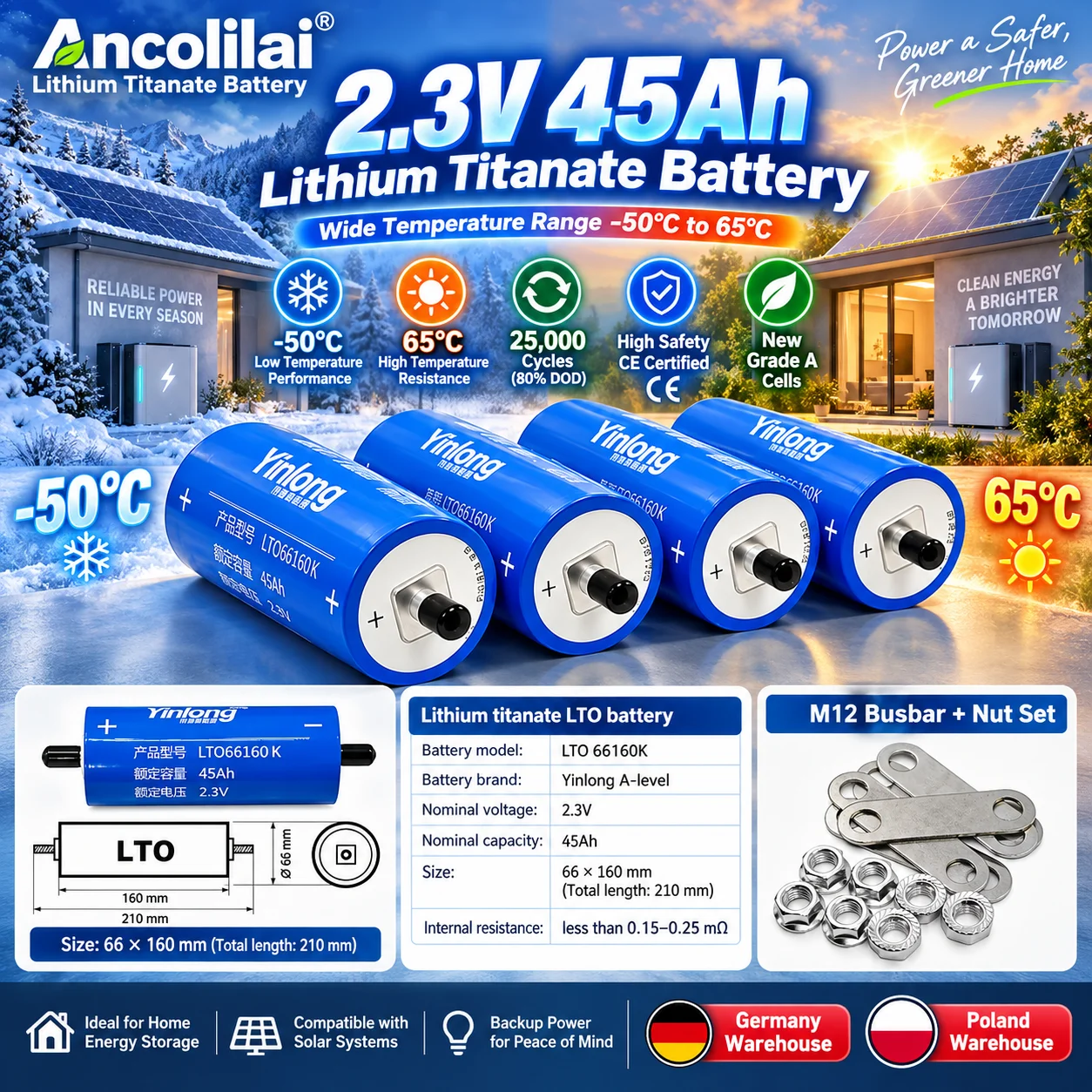 Cella batteria al litio titanato Yinlong LTO 66160K, 2,3V nominale 45Ah, per progetti di pacchi batteria personalizzati, 30000 cicli al 80% di DOD, scarica continua massima 450A e a impulsi 900A,