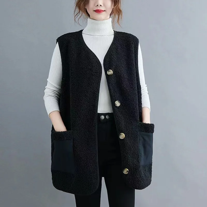 Oversize 4XL Spliced Faux Fleece Fur Vests Mid-length Women Wool Sleeveless Jacket Teddy Coat Casual Loose Gilet Korean Chalecos