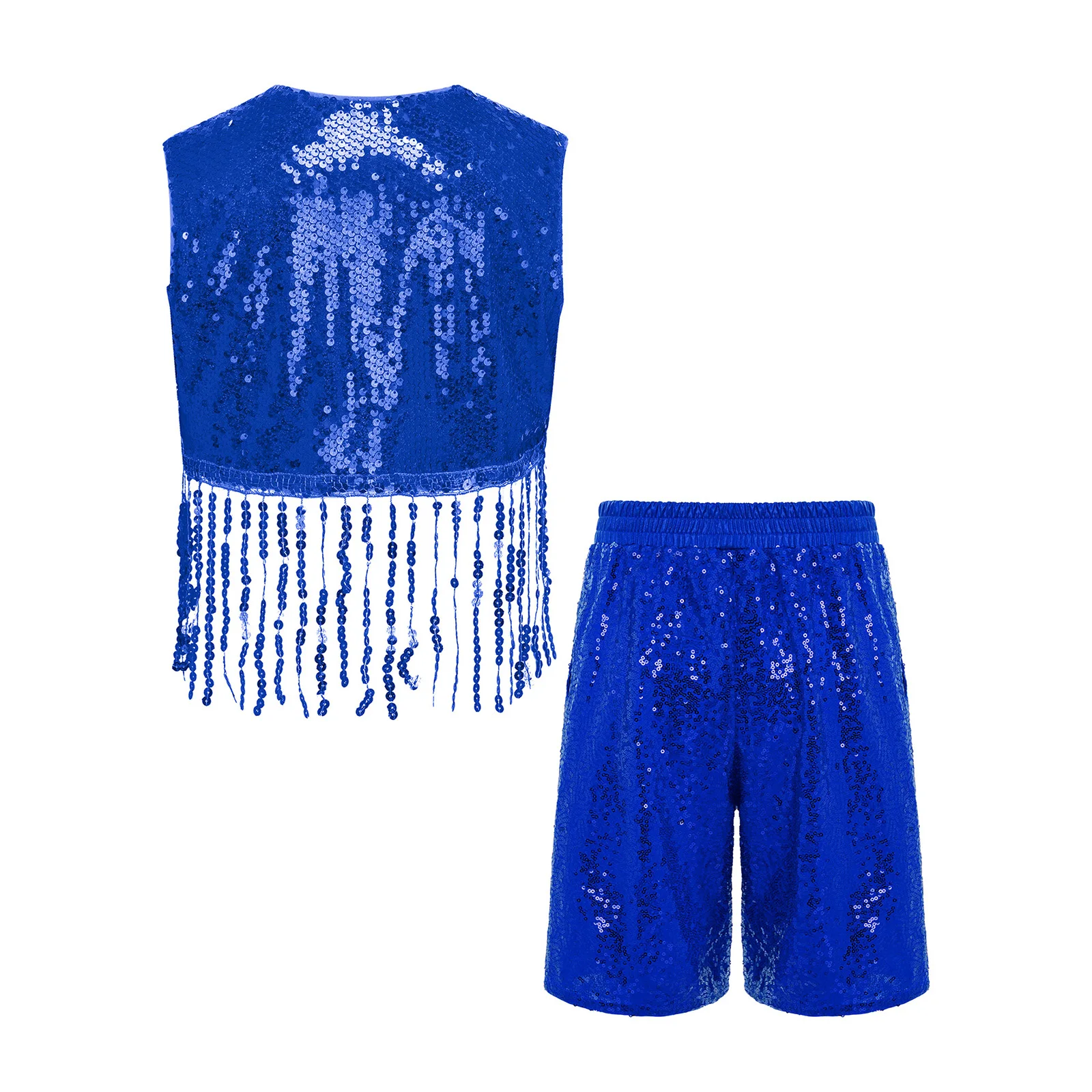 Kids Girls Disco Dance Clothing Set Tassel Cap Sleeves Asymmetrical Metallic Crop Top with Flared Pants for Stage Pageant Wear