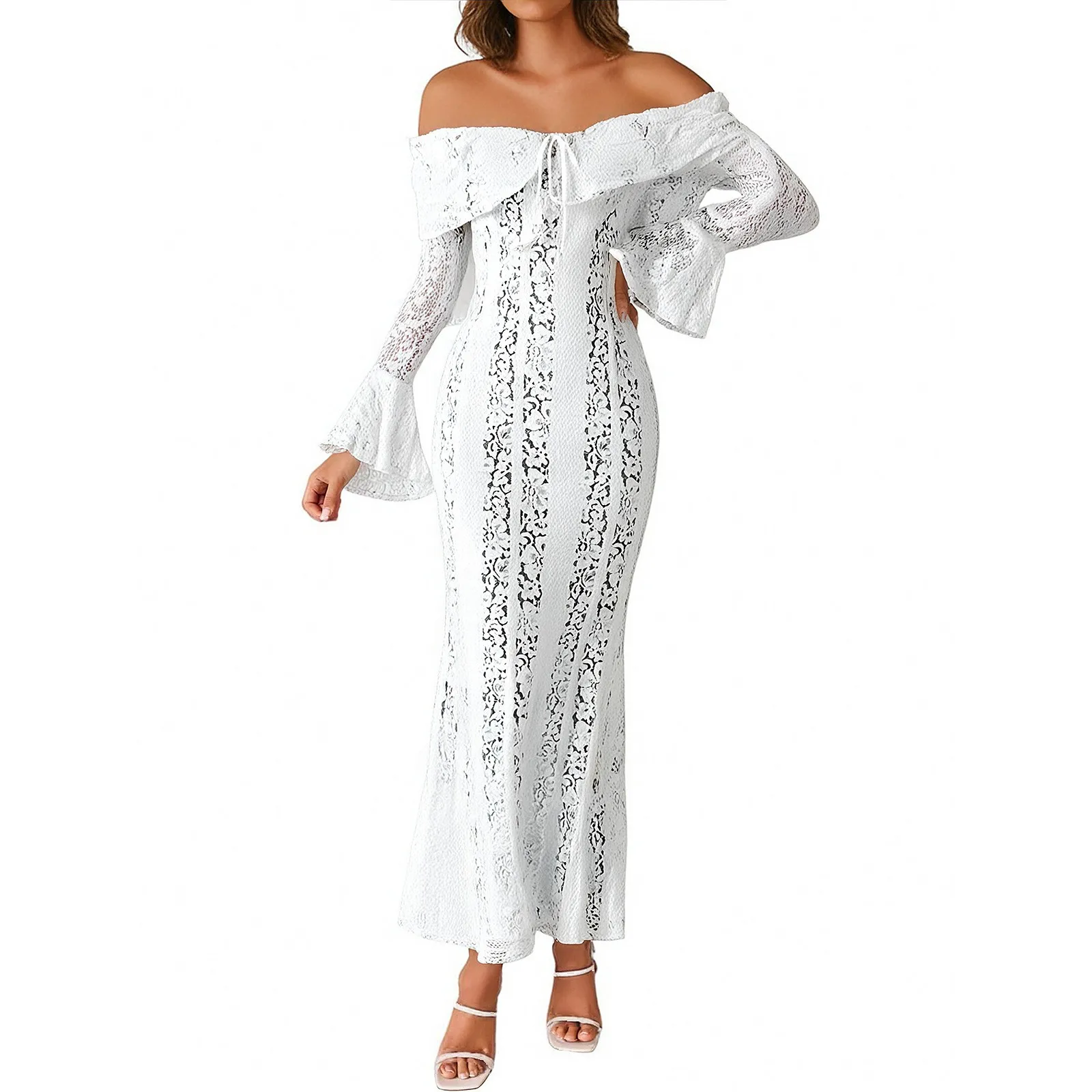 

Elegant Women White Lace Hollow Out Printed Flower Long Dress Fashion Long Sleeve Slim Midi Robe Chic Lady Party Club Gown