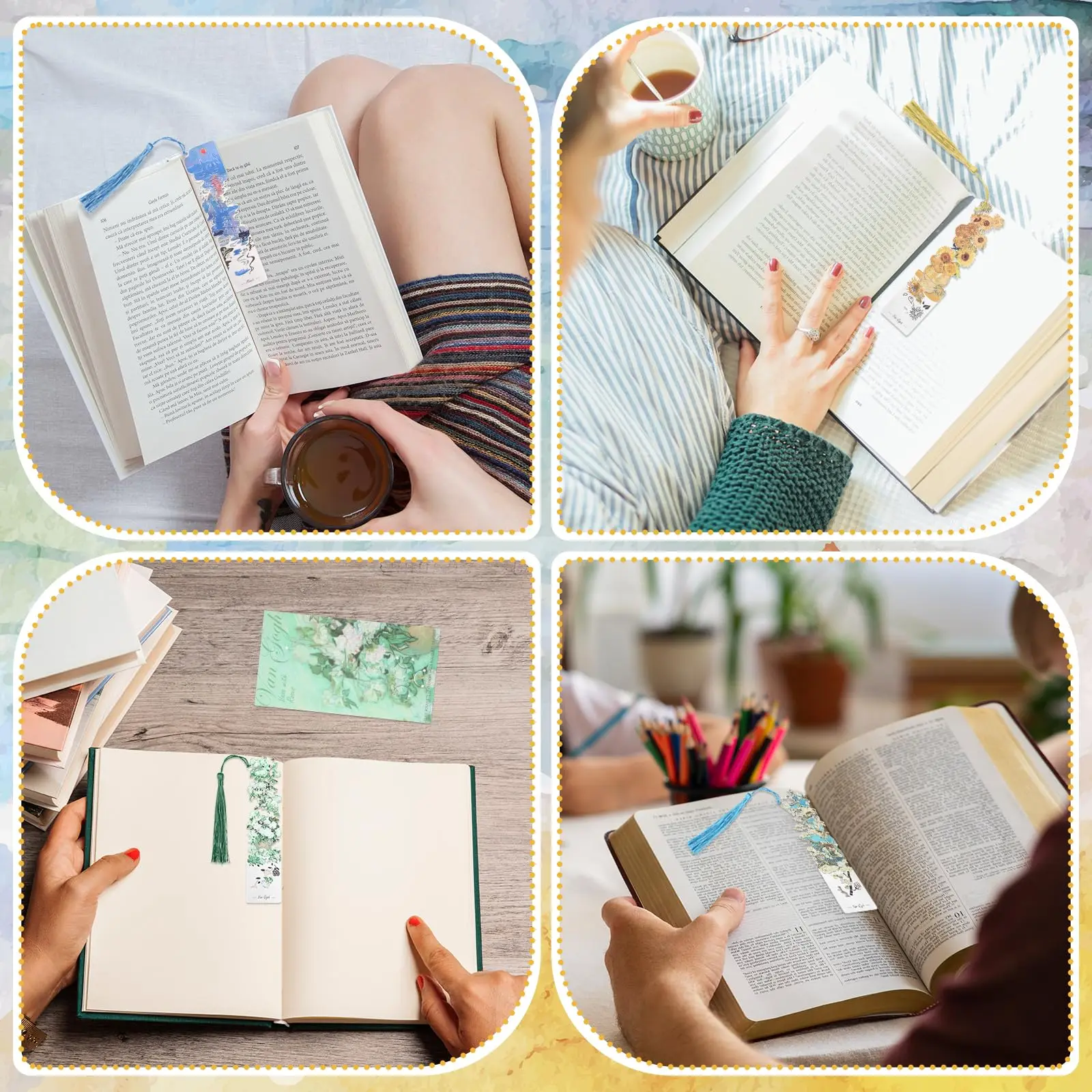 1 قطعة الإشارات المرجعية المعدنية مع شرابات، موضوع اللوحة الزيتية الذهبي الجوف المرجعية لمحبي الكتاب هدية