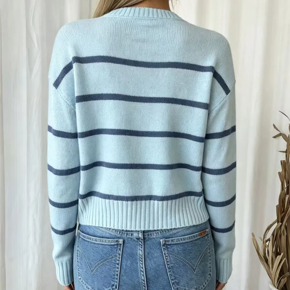 Women's Clothing Bohemian Striped Knitted Cardigan Loose Round Neck Buttoned Long Sleeve Sweater Jacket Temperament Contrast 2