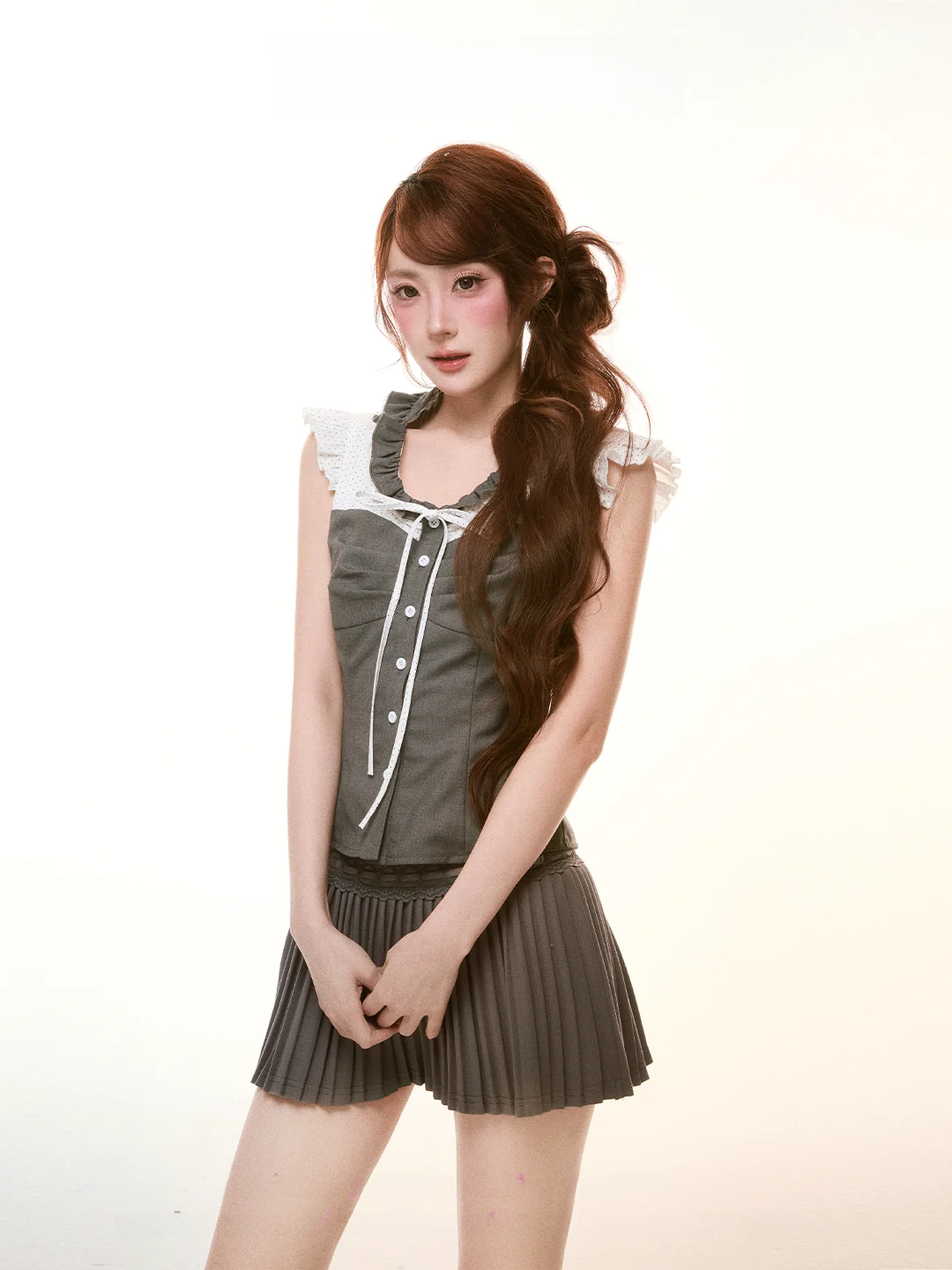 Accolade Initial Design Sense Color Collision Lace Trim Pleated Skirt Set Women's Fashion Spring Summer Outfit round Neck But...