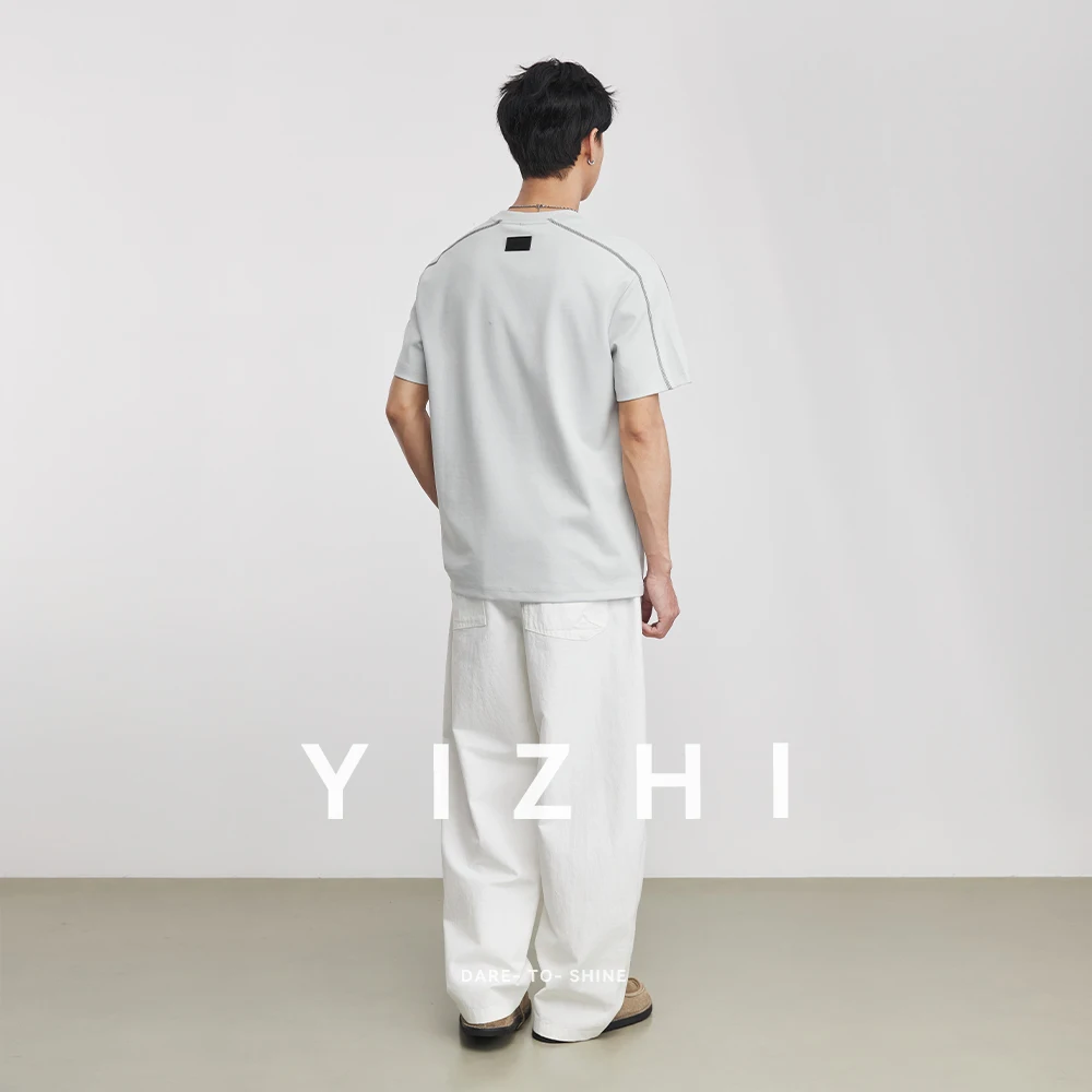 Men's 2026 Summer New Topstitching Design Short Sleeve T-Shirt Loose Heavyweight 210g Solid Color Minimalist Top