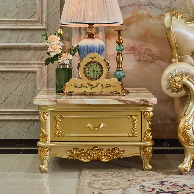 European Gold Side Table Solid Wood Carved Flower Square Living Room Sofa Corner End Table for Home Hotel Furniture