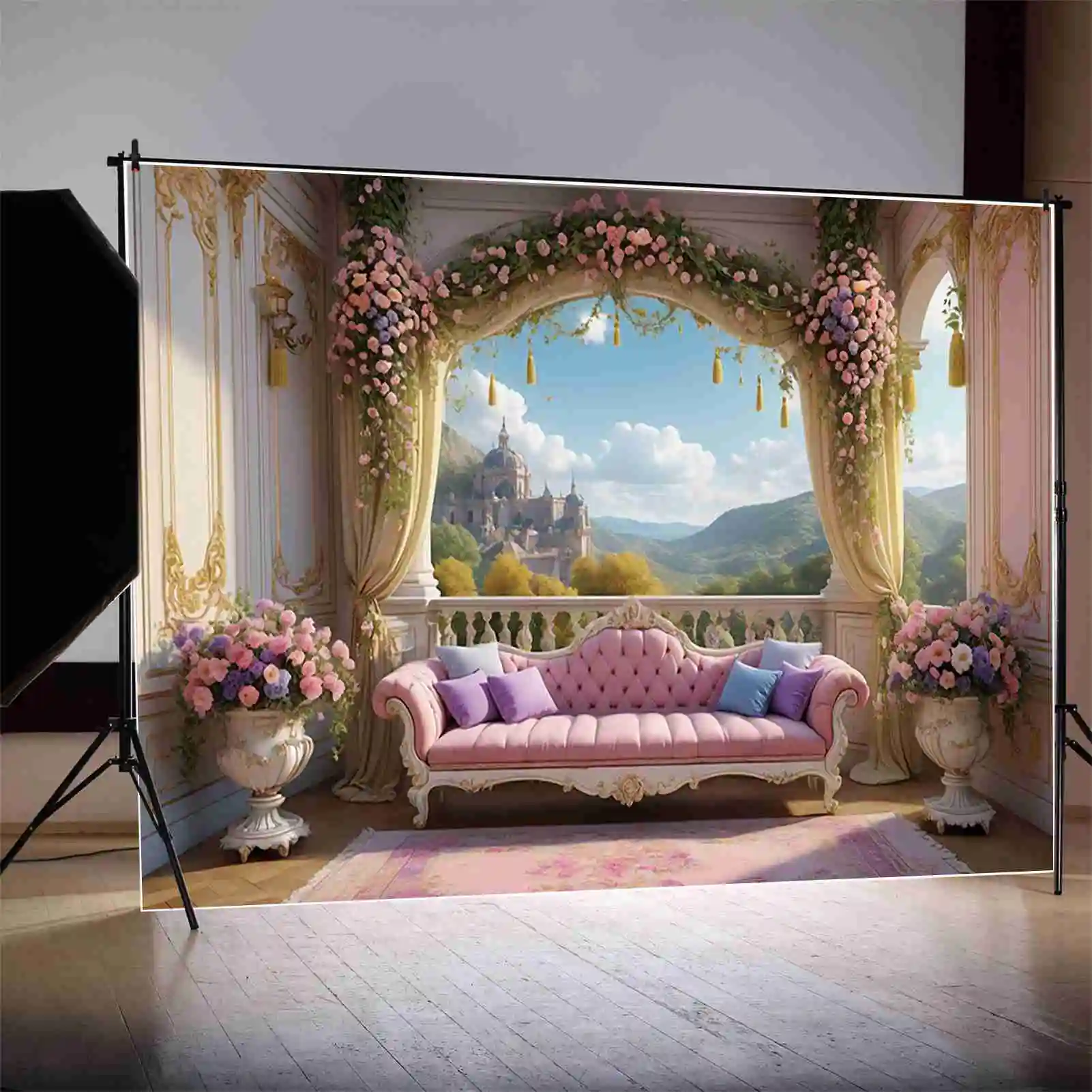 MOON.QG Princess Flower Castle Birthday Backdrop Women Sofa Garland Pink Curtain Backgrounds Custom Party Photocall Accessories